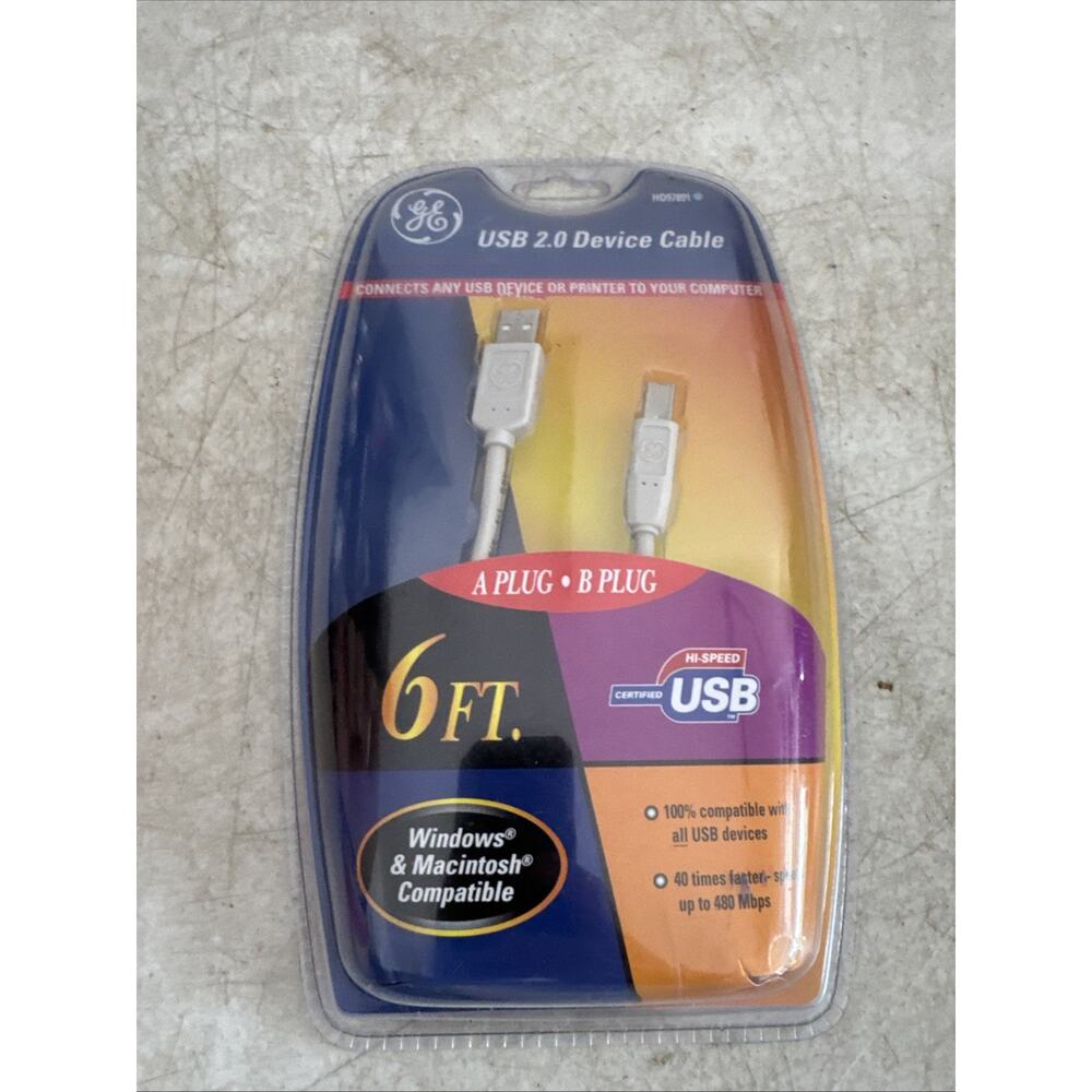 GE USB 2.0 DEVICE CABLE 6 Ft Windows & Macintosh HO97891 NEW-SEALED